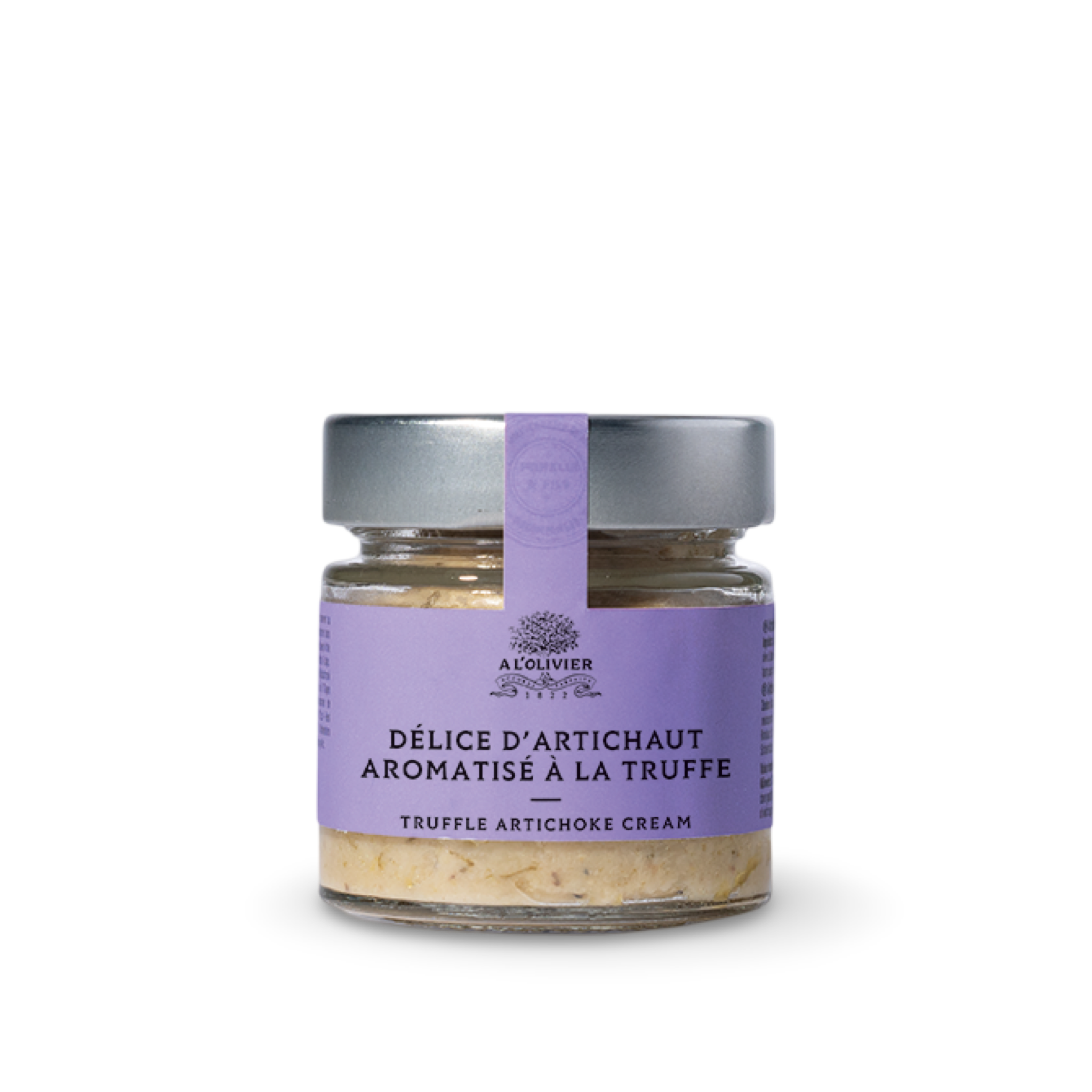 Trüffel Artischocken Tapenade von A L`Olivier im Glas mit violette Etikett und weissem Hintergrund