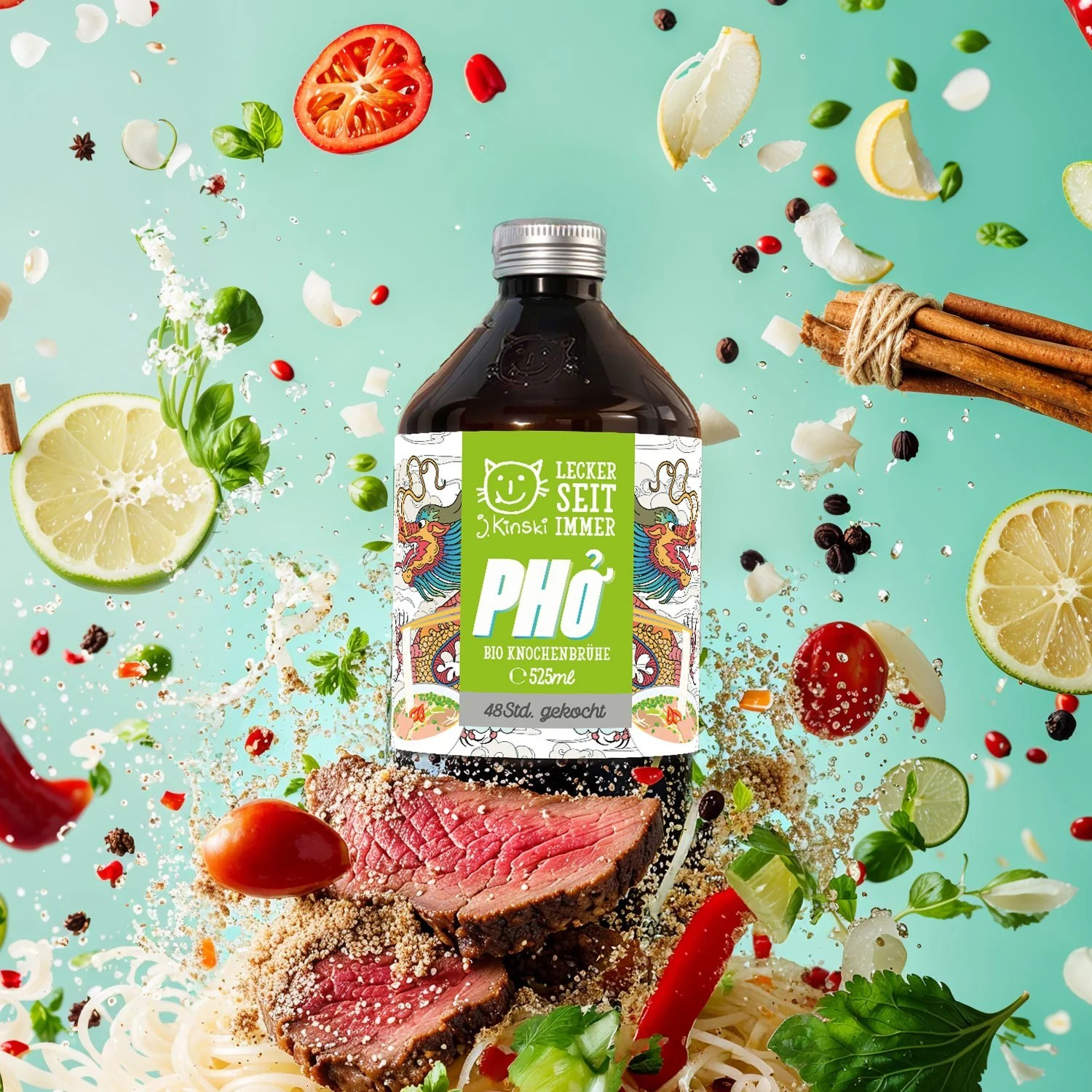 Pho Bio Knochenbrühe von J.Kinski mit typischen vietnamesischen Pho-Zutaten und Rindfleisch