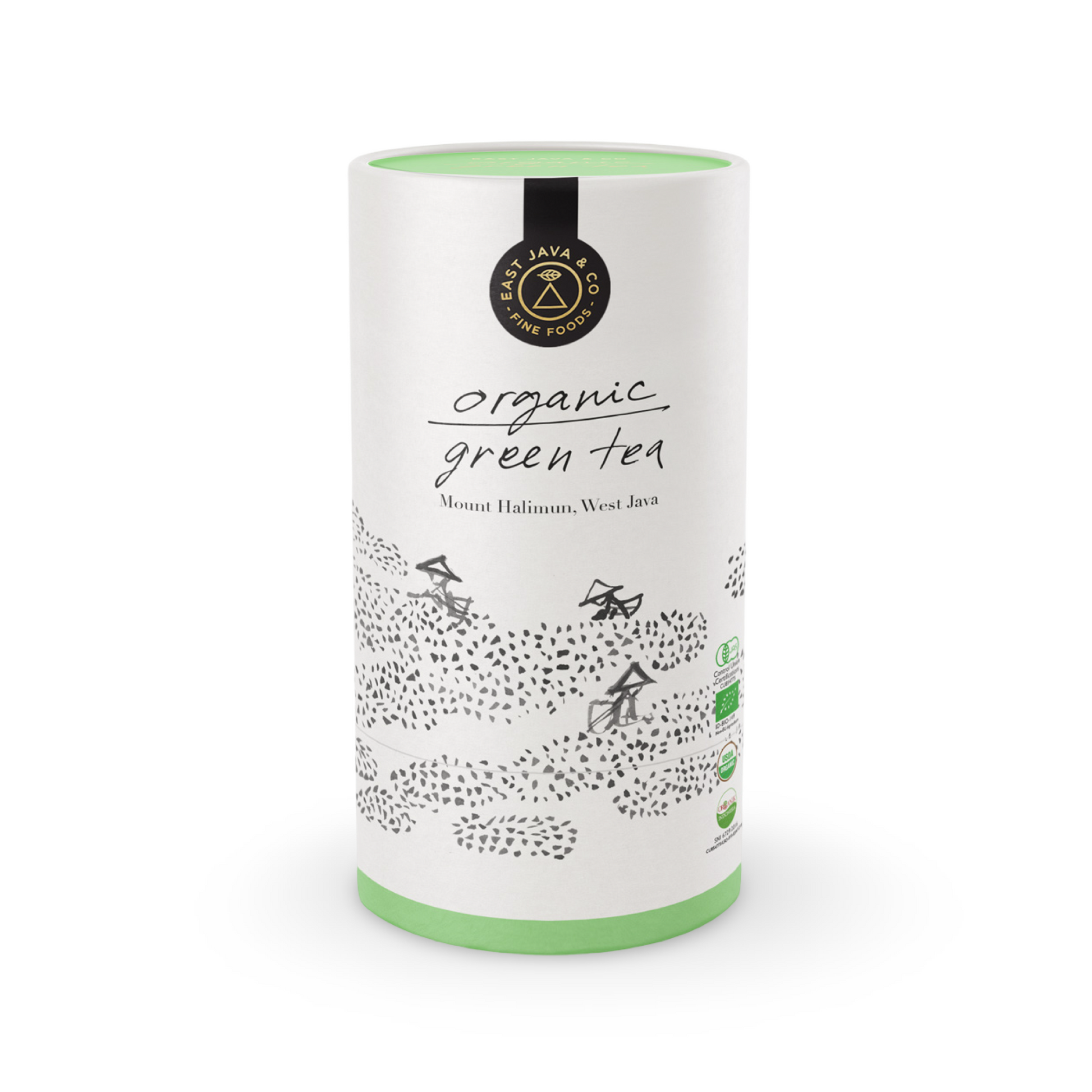 Verpackung: Zylindrische Verpackung aus Pappe in einem frischen Grün.
Aufdruck:
"East Java & Co Fine Foods" in einem schwarzen Kreis
"Organic Green Tea" in großen, schwarzen Buchstaben
"Mount Halimun, West Java" in kleineren schwarzen Buchstaben
Schwarz-weiß Illustration von Reisfeldern und kleinen Häusern
Diverse Zertifikate/Siegel (z.B. Bio-Siegel)
Gesamteindruck:
Frisch und natürlich: Die Kombination aus Grün und Schwarz sowie die Illustration von Reisfeldern vermittelt einen natürlichen Eindruck.