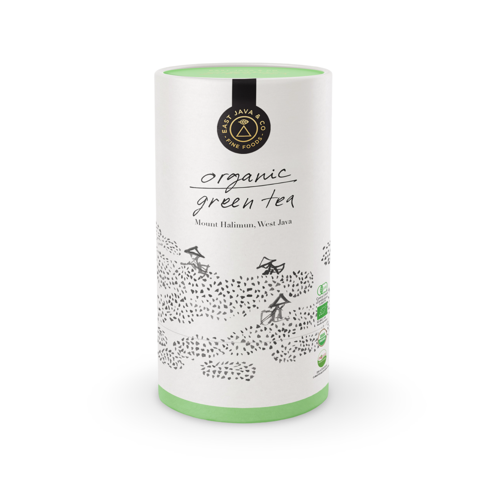 Verpackung: Zylindrische Verpackung aus Pappe in einem frischen Grün.
Aufdruck:
"East Java & Co Fine Foods" in einem schwarzen Kreis
"Organic Green Tea" in großen, schwarzen Buchstaben
"Mount Halimun, West Java" in kleineren schwarzen Buchstaben
Schwarz-weiß Illustration von Reisfeldern und kleinen Häusern
Diverse Zertifikate/Siegel (z.B. Bio-Siegel)
Gesamteindruck:
Frisch und natürlich: Die Kombination aus Grün und Schwarz sowie die Illustration von Reisfeldern vermittelt einen natürlichen Eindruck.