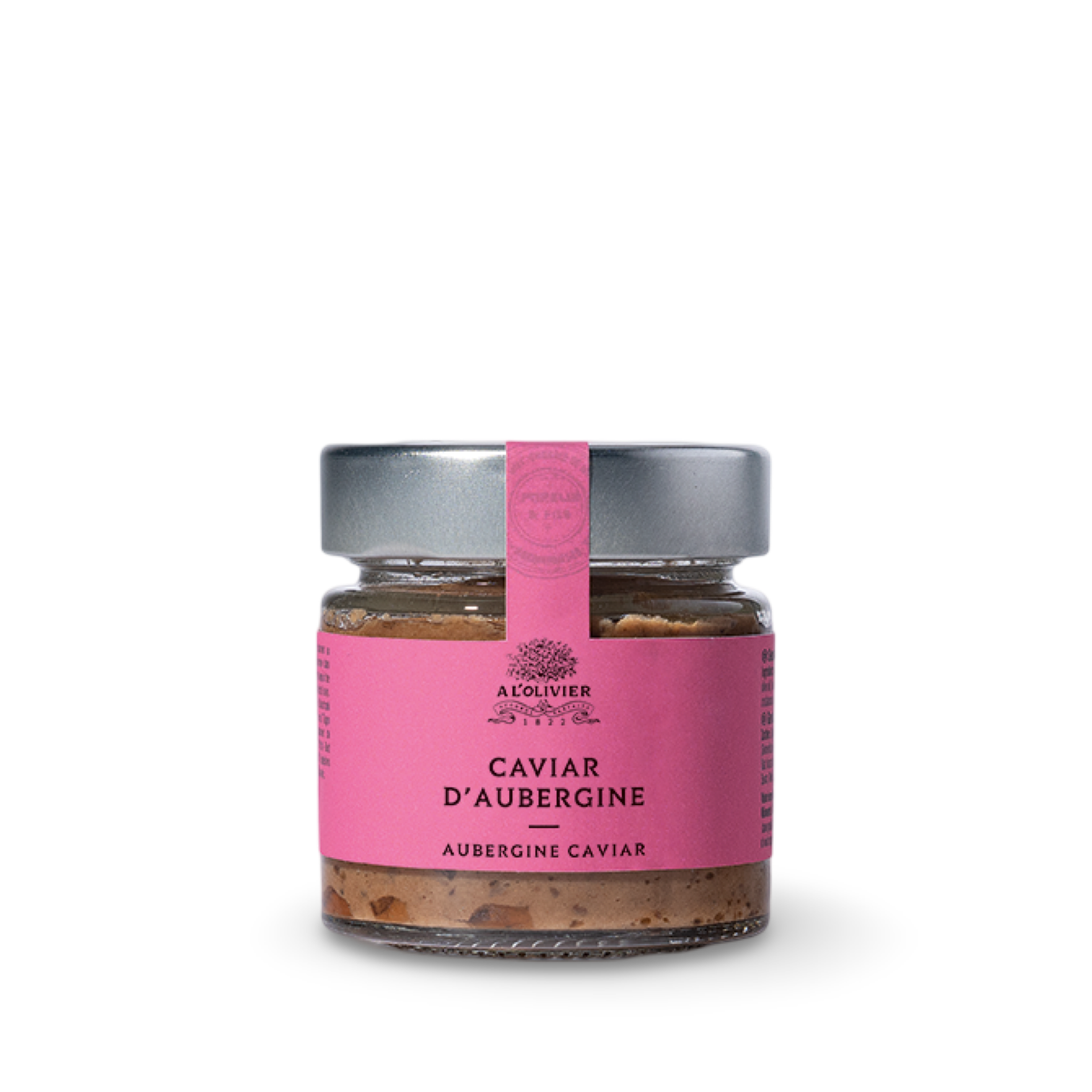 A L`Olivier Auberginencaviar im Glas mit rosa Etikett, silbernem Deckel und weissem Hintergrund