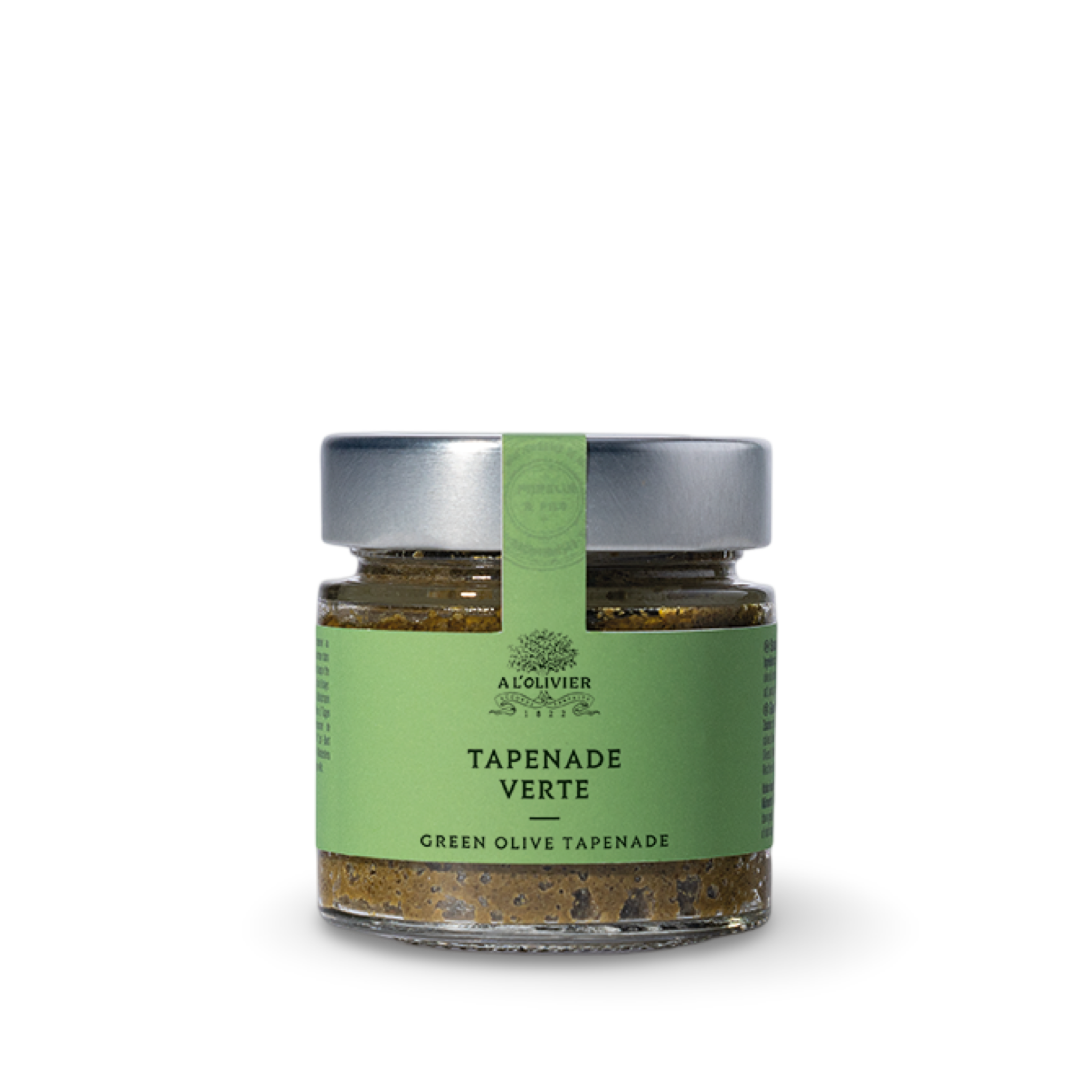 A L’Olivier Tapenade aus grünen Oliven – mediterraner Brotaufstrich im Glas mit grünem Etikett