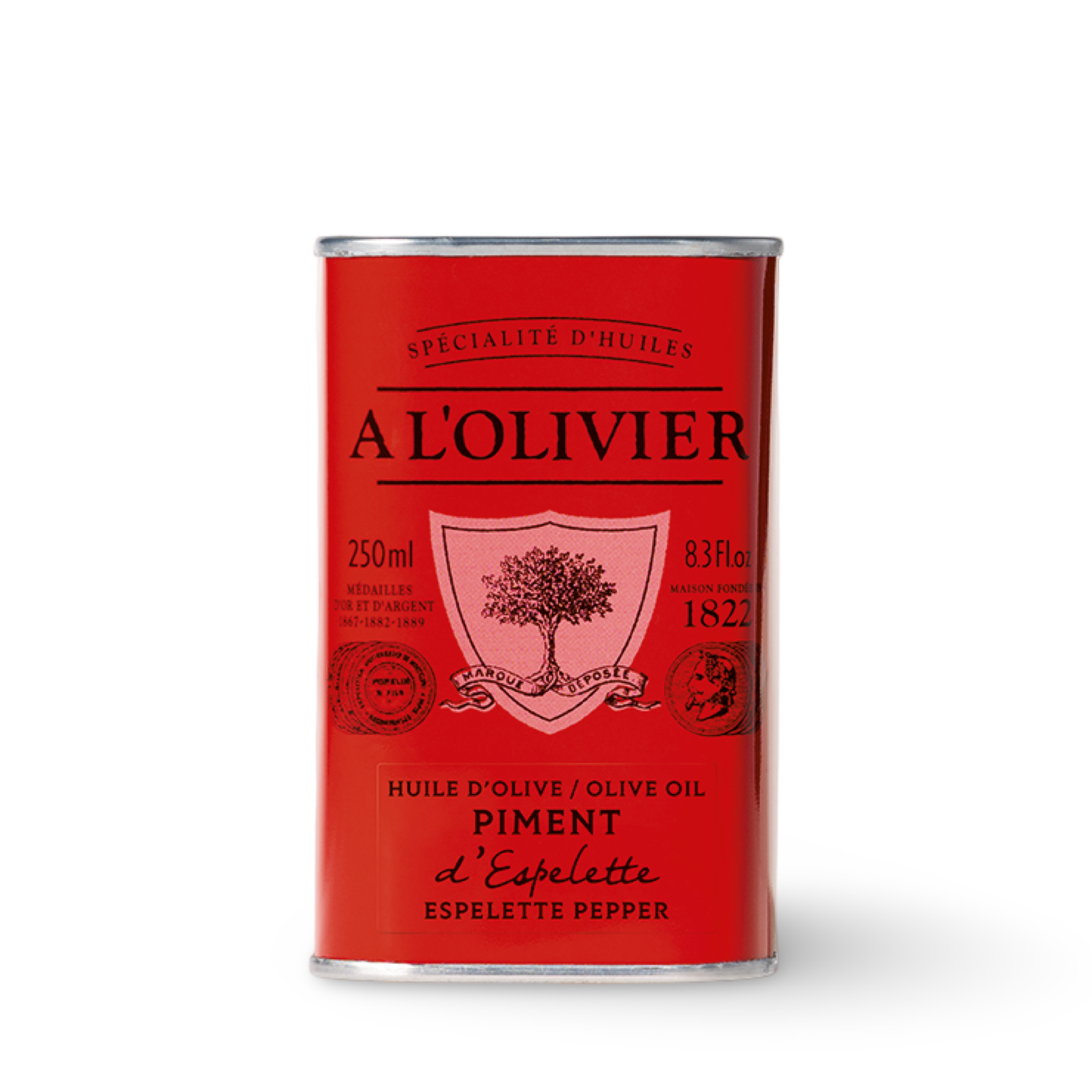 Olivenöl mit Chili Espelette von A l'Olivier in roter Metalldose auf weissem Hintergrund.