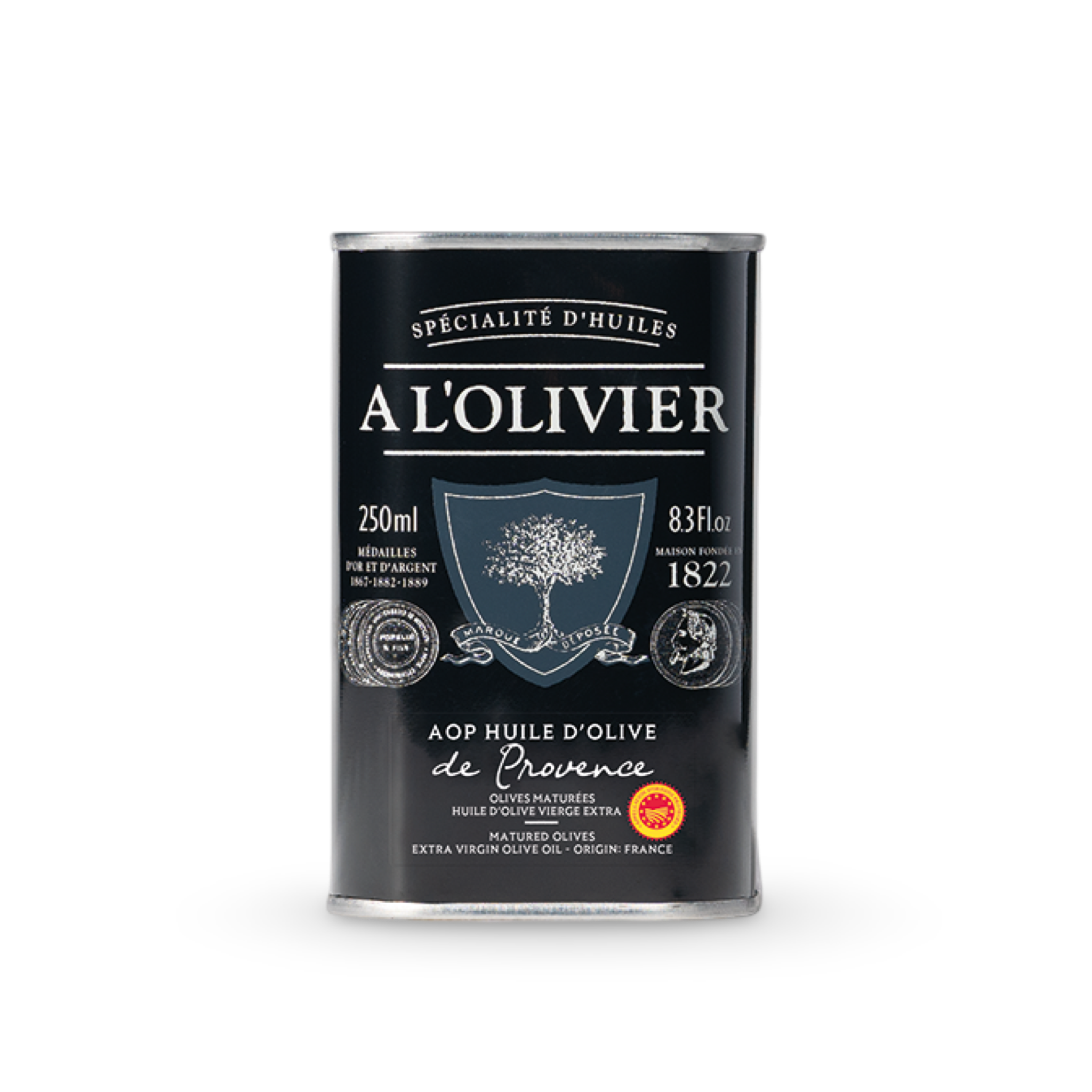 Olivenöl von A l'Olivier in schwarzer Metalldose auf weissem Hintergrund