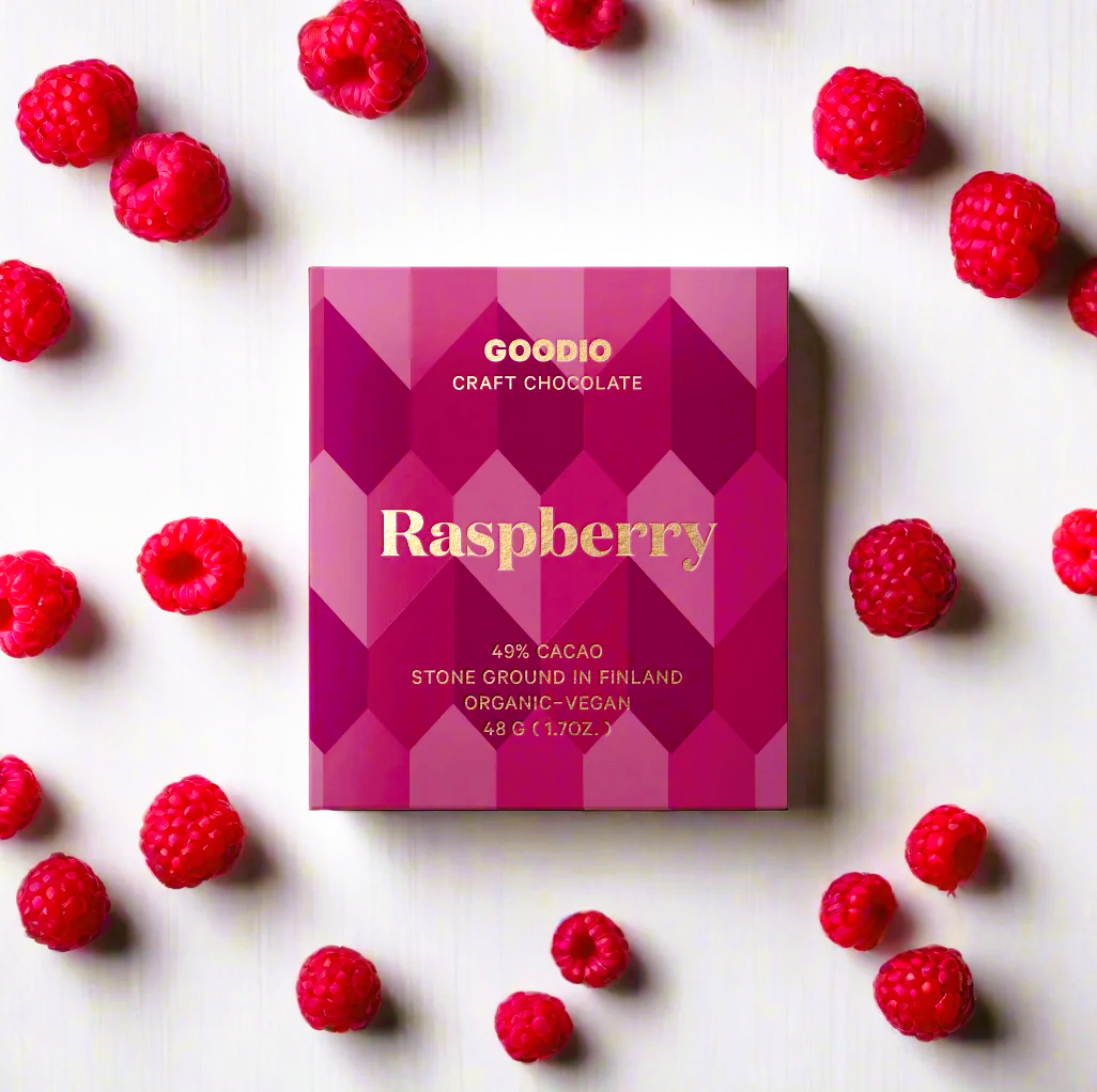 Raspberry 49% - Handgemachte Vegane Bio Schokolade - Goodio Chocolate Finnland - 48g