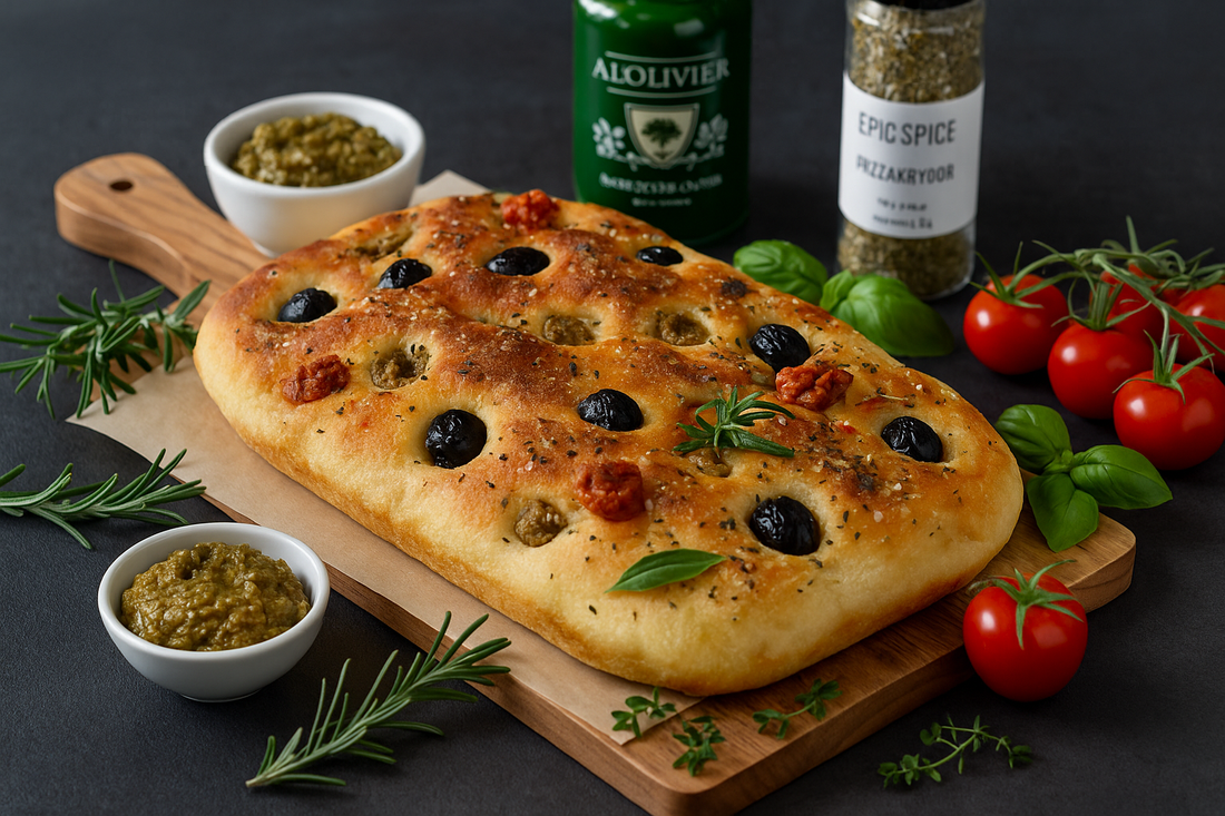 Focaccia dekoriert mit mediterranen Kräutern, Tomaten, Oliven, Gewürzen & bestem Öl