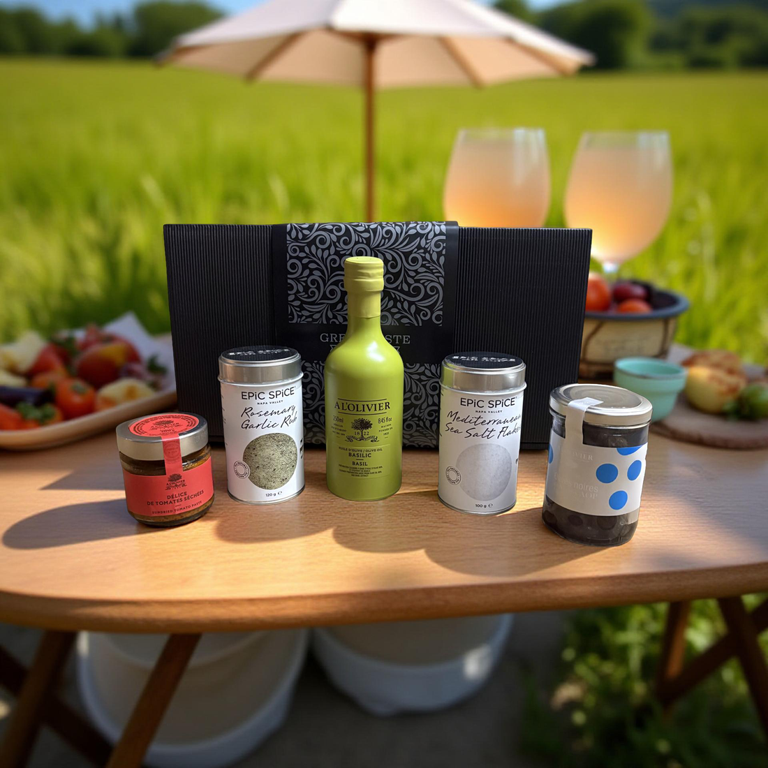 Mediterrane BBQ Produkte auf einem Gartentisch