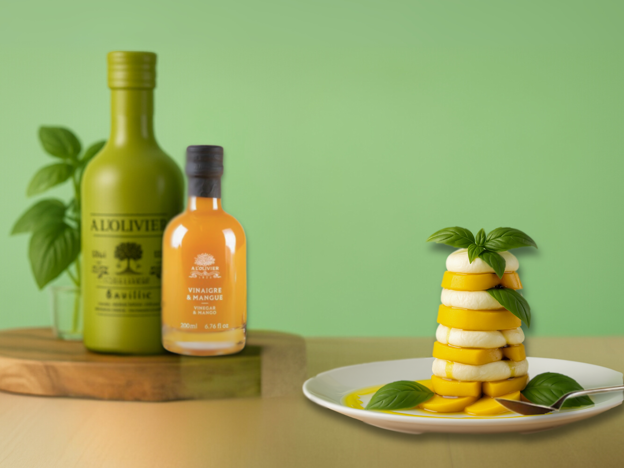 Mango-Mozzarella-Türmchen mit Basilikumöl & Mangoessig