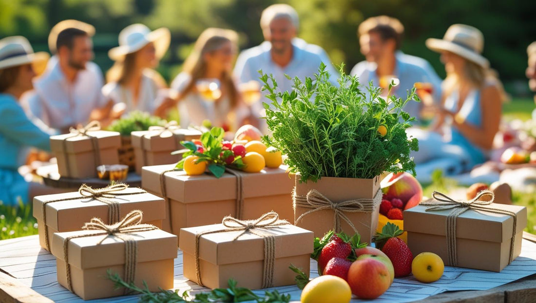 Sommerlicher Tisch mit Geschenken und Personen im Hintergrund