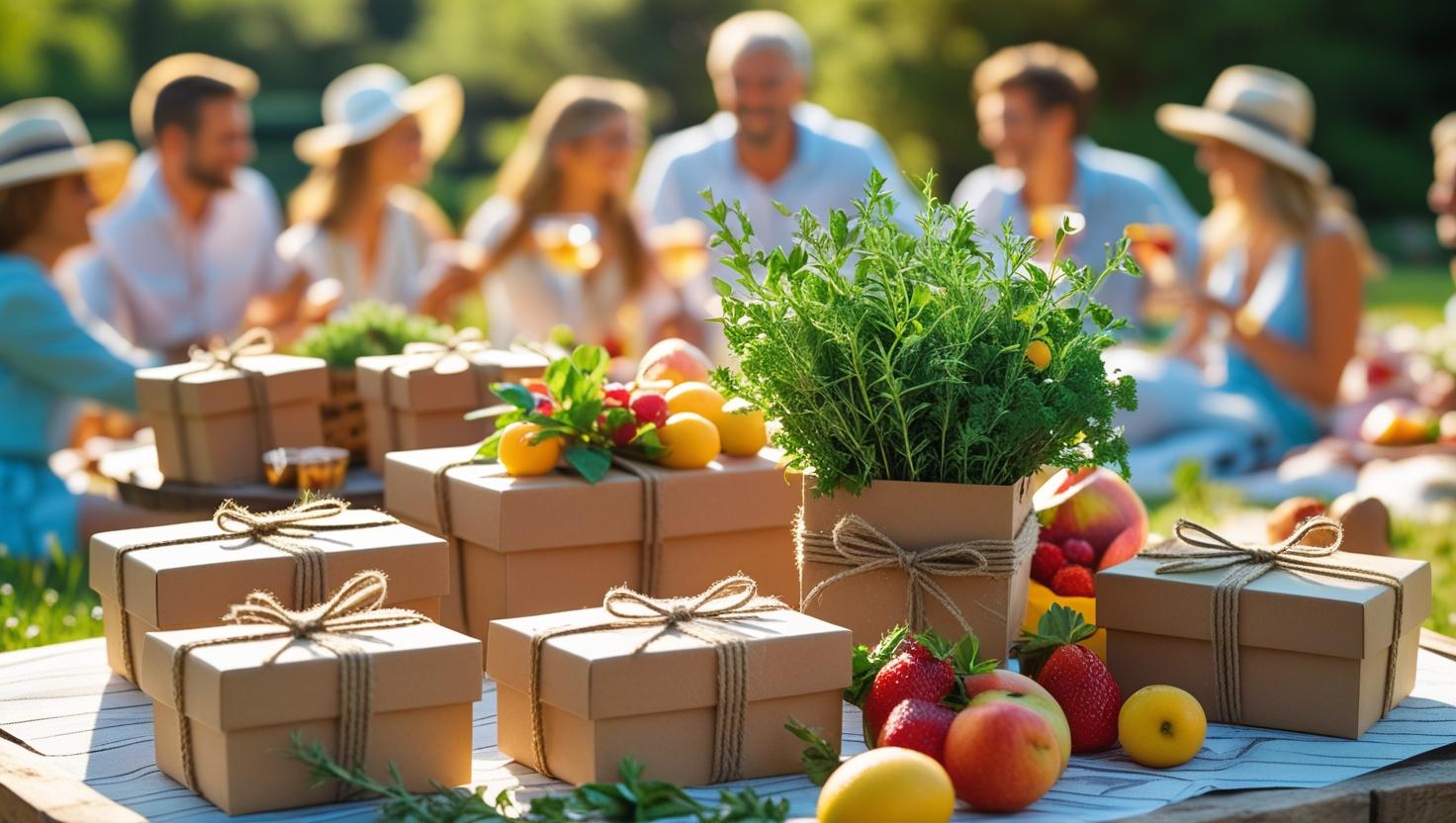 Sommerlicher Tisch mit Geschenken und Personen im Hintergrund