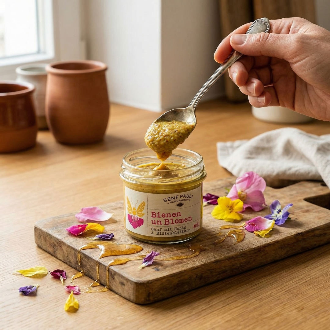 Senf mit Honig und Blütenblättern - Bienen un Blomen - Senf Pauli - 110ml