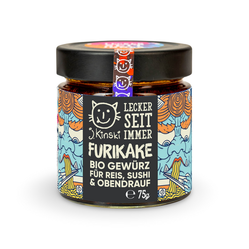 Weisser Hintergund, Glas mit Furikakegewürz - Verspieltes Etikett mit Hellblau Orange Comic gezeichneten Mustern