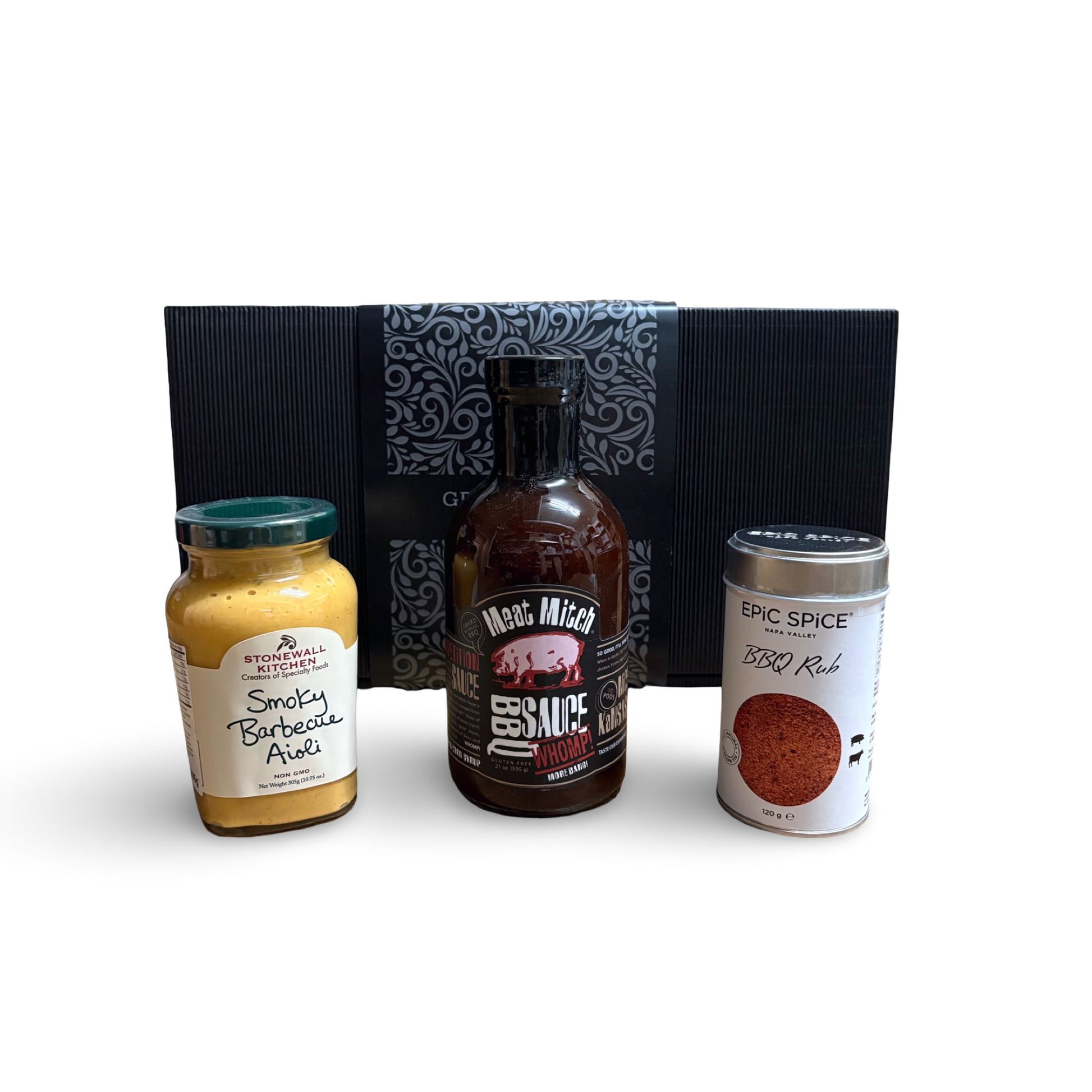 "Geschenkset für Fleischliebhaber mit Gourmet-BBQ-Saucen und Gewürzmischung in einer schwarzen Geschenkbox"