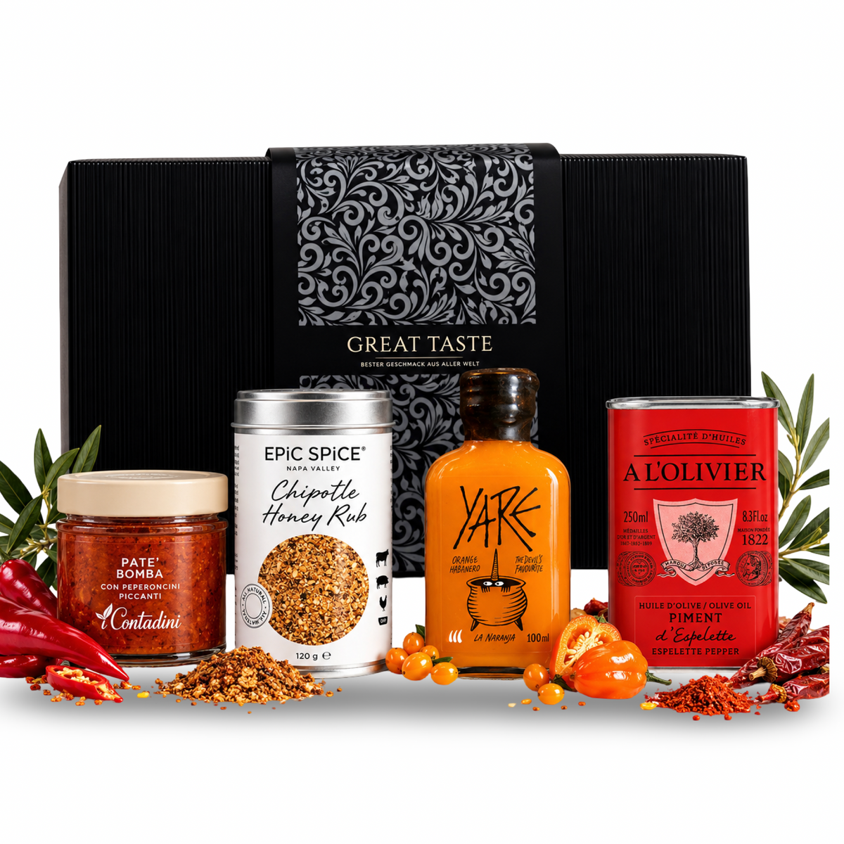Genussbox Spicy Lovers von Great Taste mit vier scharfen Spezialitäten in schwarzer Geschenkbox