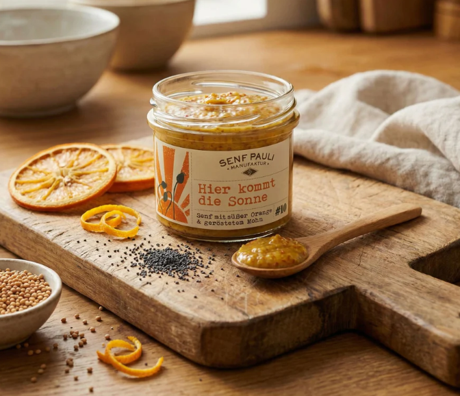 Senf mit süßer Orange & geröstetem Mohn - Hier kommt die Sonne - Senf Pauli -110ml